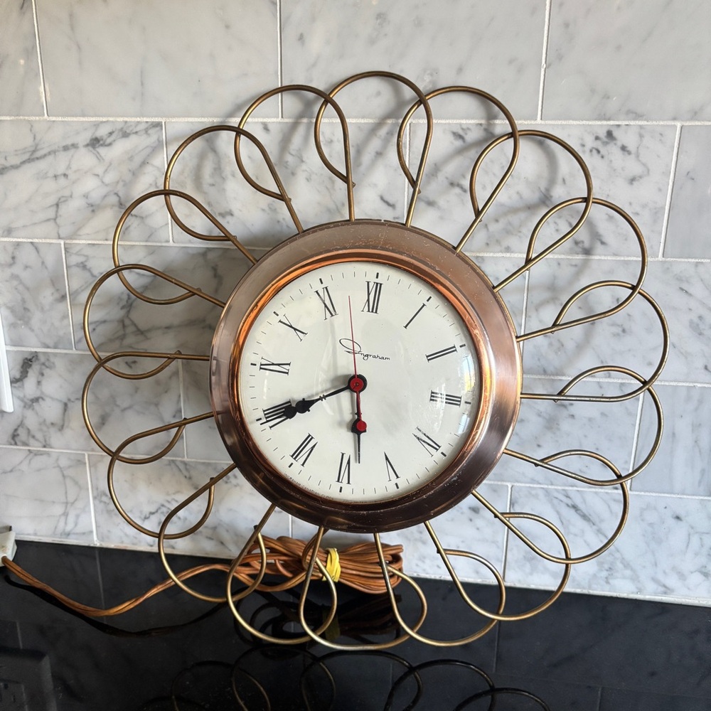Vintage MCM Ingraham Scroll Design Sunburst Electric Wall Clock - Working